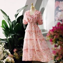 Juwas Peach Floral Ruffle Midi Dress CLOTHING