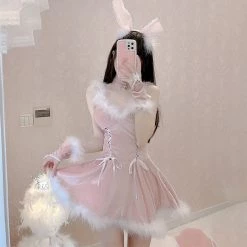 Juwas CLOTHING Sexy Lace Bunny Fur Lining Mini Dress
