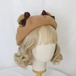 Juwas Cute Bear Ear Bowknot Beret Hat