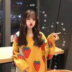 Juwas.com Online Store Cute Strawberry Loose Long Sweater Dress NEW ARRIVAL