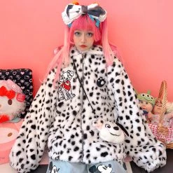 Juwas Cute Puppy Print Loose Fuzzy Warm Coat Jacket CLOTHING