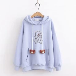 Juwas Bear Embroidery Drawstring Warm Hoodie CLOTHING