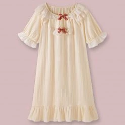 Juwas Lovely Bowknot Ruffled Collar Cotton Pajamas Dress