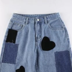 Juwas NEW ARRIVAL Vintage Hearts Patch Faded Denim Pants
