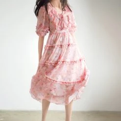 Juwas Peach Floral Ruffle Midi Dress CLOTHING