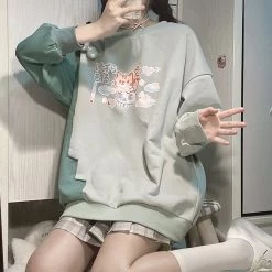 Juwas Playful Pixel Cat Printed Oversize Sweater