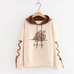 Juwas Bear Japanese Letter Print Pocket Hoodie CLOTHING