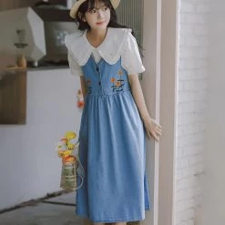 Juwas NEW ARRIVAL Japanese Doll Collar Floral Embroidery Loose Denim Dress