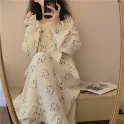 Juwas CLOTHING Lovely Rabbit Print Comfy Cotton Long Pajamas Dress