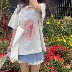 Juwas NEW ARRIVAL Vintage Flowers Print Loose Cotton T-shirt