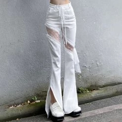 Juwas Chic White Lace Mesh Cut Wide Leg Jeans