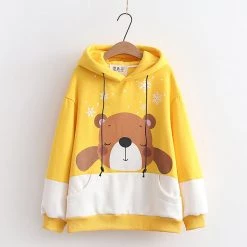 Juwas Cute Bear Snowflake Print Pocket Hoodie CLOTHING