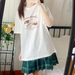 Juwas NEW ARRIVAL Vintage Girl Print Loose Round Collar T-shirt