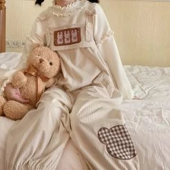 Juwas CLOTHING Cute Bear Design Loose Corduroy Overall