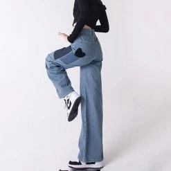 Juwas NEW ARRIVAL Vintage Hearts Patch Faded Denim Pants