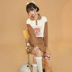 Juwas Cartoon Bear Print Button Collar Sweatshirt Skirt CLOTHING