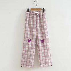 Juwas Sweet Love Heart Plaid Elastic Waist Pants NEW ARRIVAL