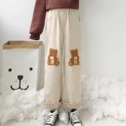 Juwas Bear Embroidery Corduroy Ninth Pants