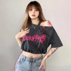 Juwas Rose Letters Print Off Shoulder Short T-shirt