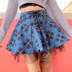 Juwas Techno Blue Plaid Lace Mini Skirt