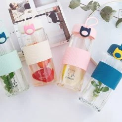 Juwas Cute Cat Glass Water Bottle