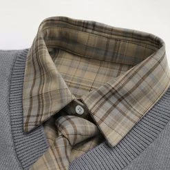 Juwas Vintage Preppy Look Knitted Vest Plaid Shirt Set CLOTHING