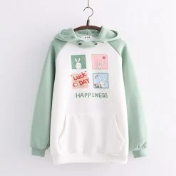 Juwas Cartoon Rabbit Letter Print Pocket Hoodie