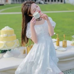 Juwas White Summer Puff Sleeve Doll Dress