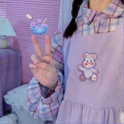 Juwas Bear Patch Purple Velvet Loose Maxi Dress