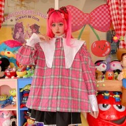 Juwas Harajuku Plaid Doll Collar Loose Shirt CLOTHING