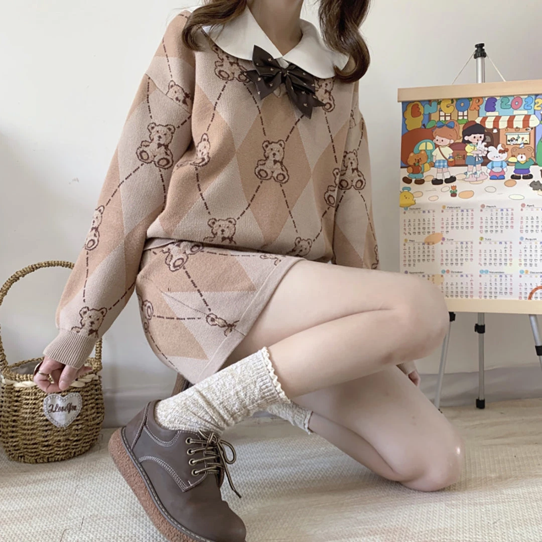 Juwas NEW ARRIVAL Vintage Cute Bear Diamond Pattern Sweater Skirt Set 7 Juwas NEW ARRIVAL Vintage Cute Bear Diamond Pattern Sweater Skirt Set