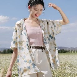 Juwas Vintage Style Leaves Printed Short Sleeve Shirt NEW ARRIVAL