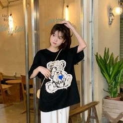 Juwas Vintage Bear Embroidery Loose Cotton T-shirt