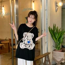 Juwas Vintage Bear Embroidery Loose Cotton T-shirt