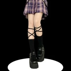 Juwas Chic Goth Cross Strap Knee Socks CLOTHING