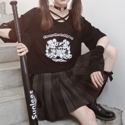Juwas NEW ARRIVAL Gothic Kawaii Print Cross Neck T-Shirt