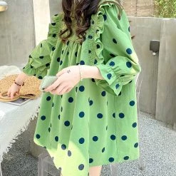 Juwas Vintage Polka Dots Green Loose Cotton Shirt NEW ARRIVAL