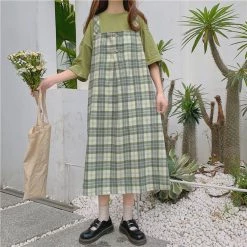 Juwas CLOTHING Green Plaid Long Dress Oversized Shirt Set