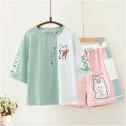 Juwas NEW ARRIVAL Japanese Letters Rabbit Print T-shirt Shorts Set