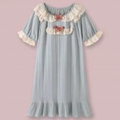 Juwas Lovely Bowknot Ruffled Collar Cotton Pajamas Dress