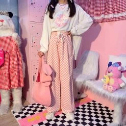 Juwas Pink White Plaid Loose Pants
