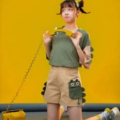 Juwas Kawaii Green Dinosaur Shirt And Khaki Shorts Set NEW ARRIVAL