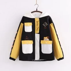 Juwas Cartoon Shiba Inu Print Color Block Pocket Hoodie CLOTHING