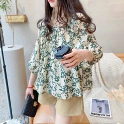 Juwas Vintage Floral Loose Shirt Puff Sleeve Shirt NEW ARRIVAL