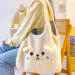 Juwas NEW ARRIVAL Animal Bear Faces Plush Tote Bag