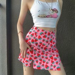 Juwas Sweet Strawberry Print High Waist Skirt