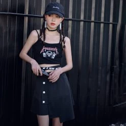 Juwas Black Punk Rock Button Skirt