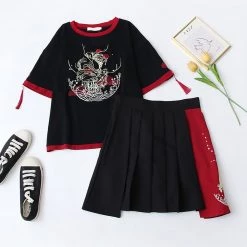 Juwas CLOTHING Japanese Koi Fish Embroidery T-shirt Skirt