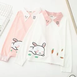 Juwas CLOTHING Rabbit Carrot Print Sweatshirt With Collar