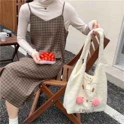 Juwas Cute Bunny Blush Pom Pom Plush Tote Bag